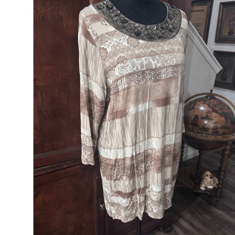 Multiples‎ Womens Natural Instincts Embellished Tunic Top Tan Brown 1X M1317TJ1W